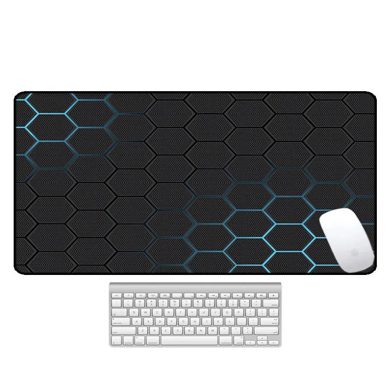 Large natural rubber desk pad with graphic print, showing non-slip base and size options for mouse and keyboard.