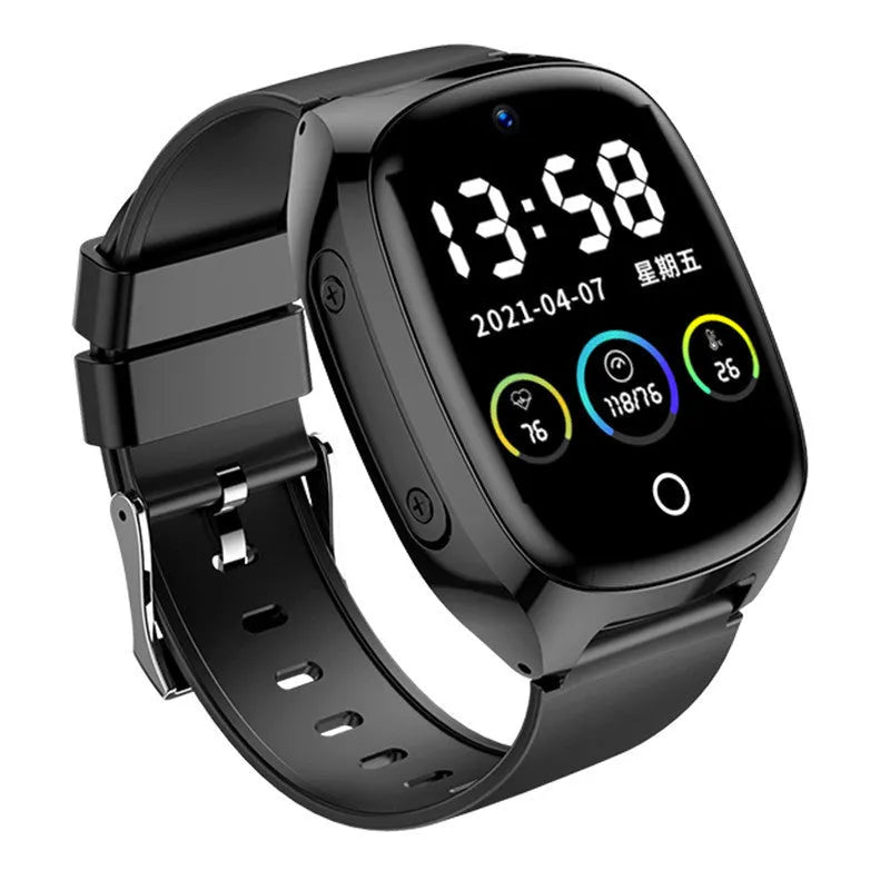Black GPS smart watch with 1.54-inch touch screen displaying health metrics and SOS function.