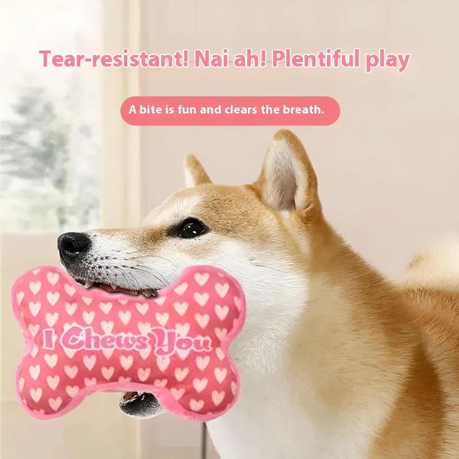Plush dog chew toy with vocaliser in bone powder, white, pink, or red colours.
