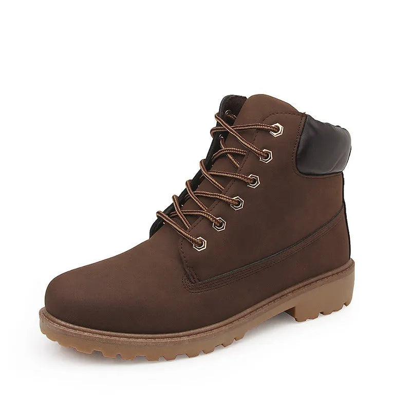 Pink men's high-top Martin boots with velvet lining and flat 1-3cm heel on round toe