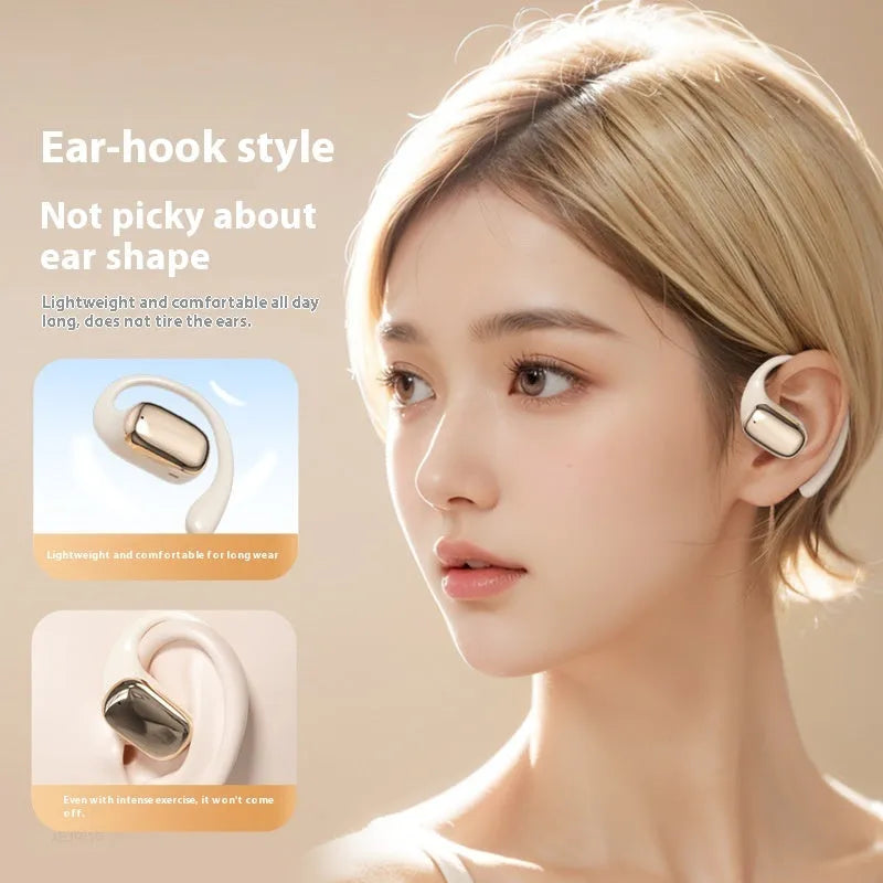 Ear-mounted wireless headphones with digital display screen in skin colour, black, and white colour options.