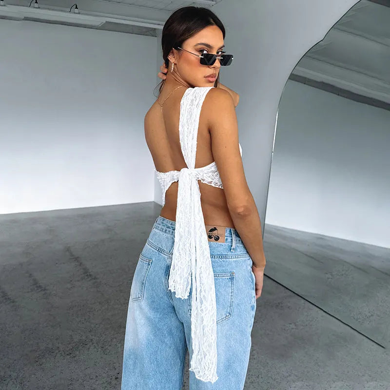 Women's lace backless sleeveless vest with asymmetrical sloped neck in solid colour Polyester fabric
