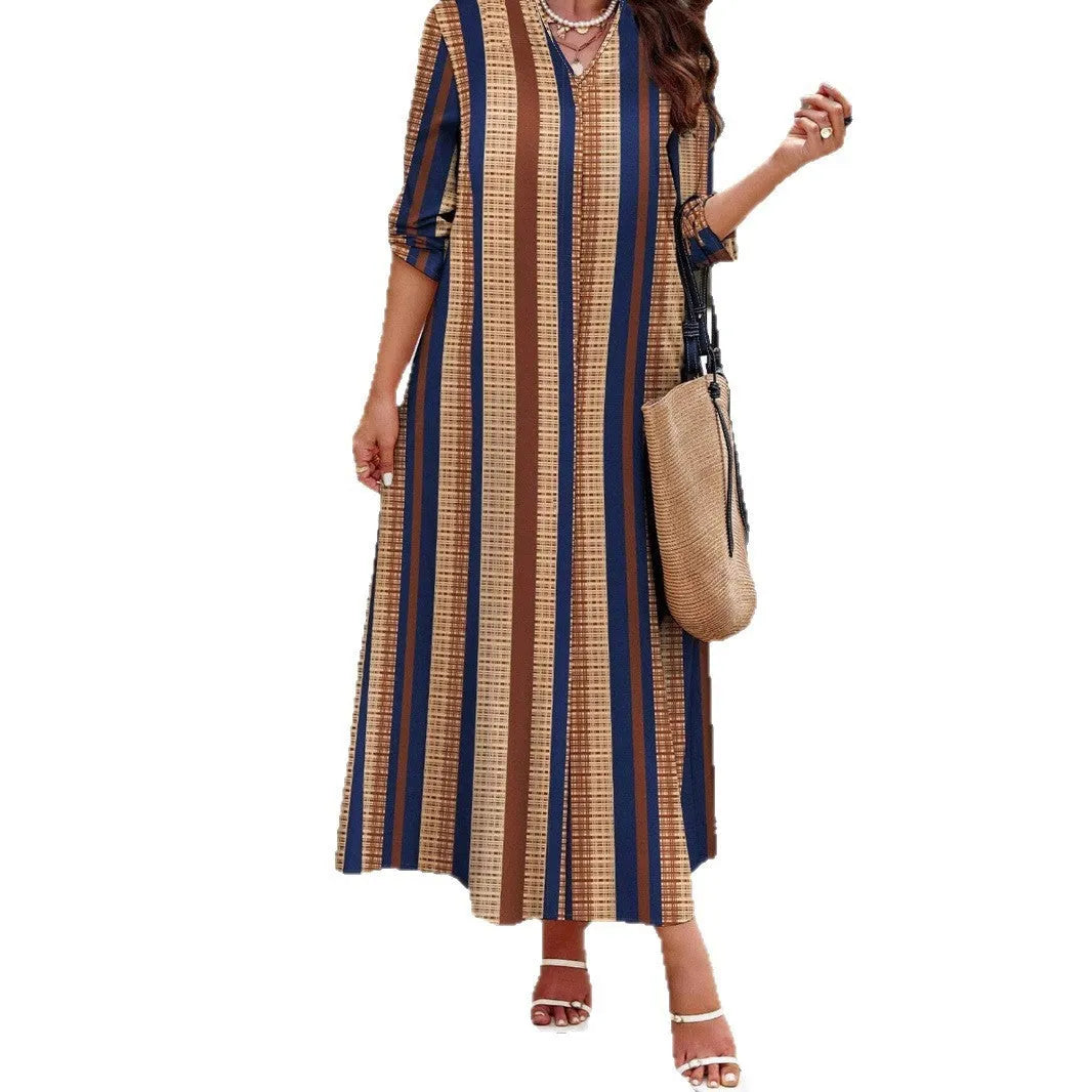 Camel coloured vertical striped V-neck dress with A-line skirt and long sleeves