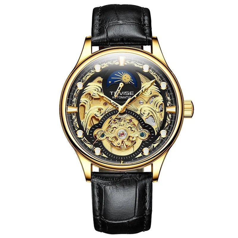 Men's automatic waterproof watch with leather strap in gold or white options, 16mm thickness case