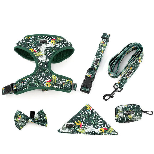 Adjustable cloth pet vest harness set with haulage rope, collar, waste bag, bow tie, and triangular scarf in six-piece package.