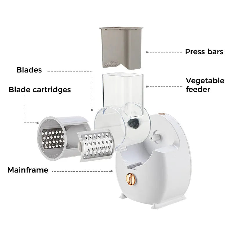 White electric vegetable slicer with rotary grater, feeding port, and strong suction base on a kitchen counter.