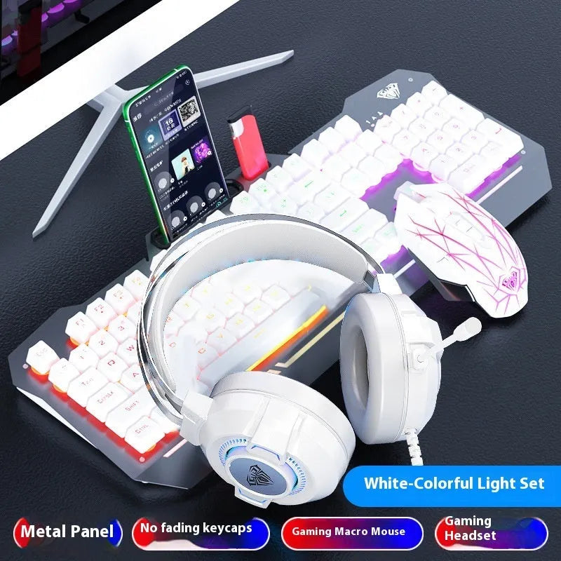 F3010 black and white metal gaming keyboard, mouse, and headset bundle with single-colour LED backlighting.