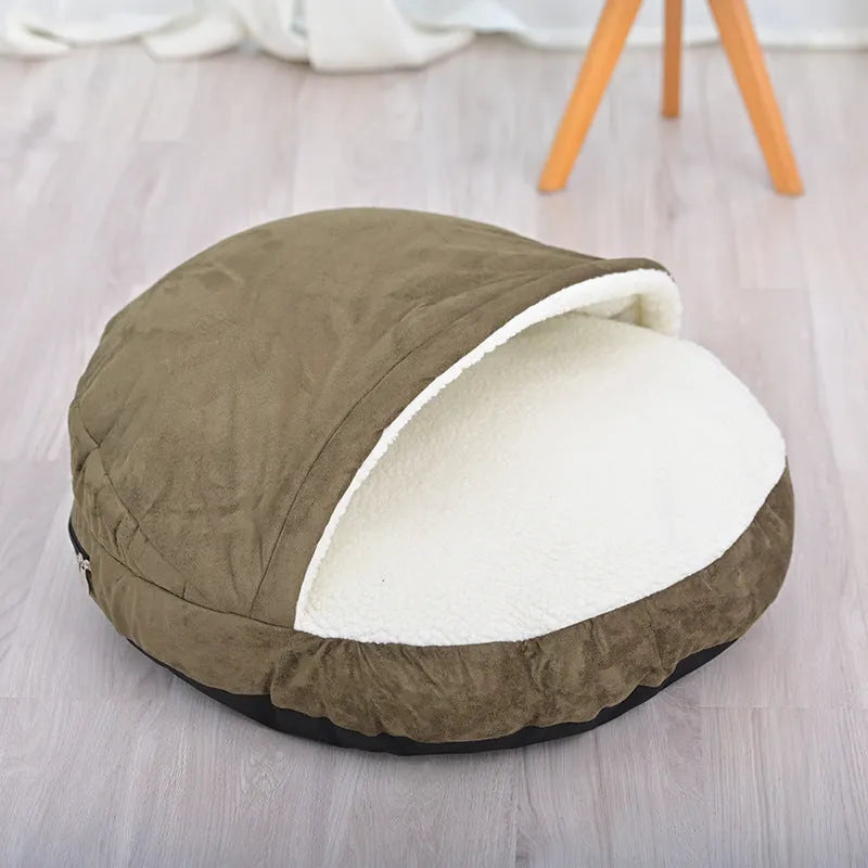Removable washable cloth dog kennel in brown and grey, available in S and M sizes