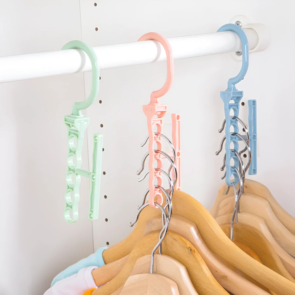 Blue rotating wardrobe hanger with five hooks and handle for organising multiple clothing items