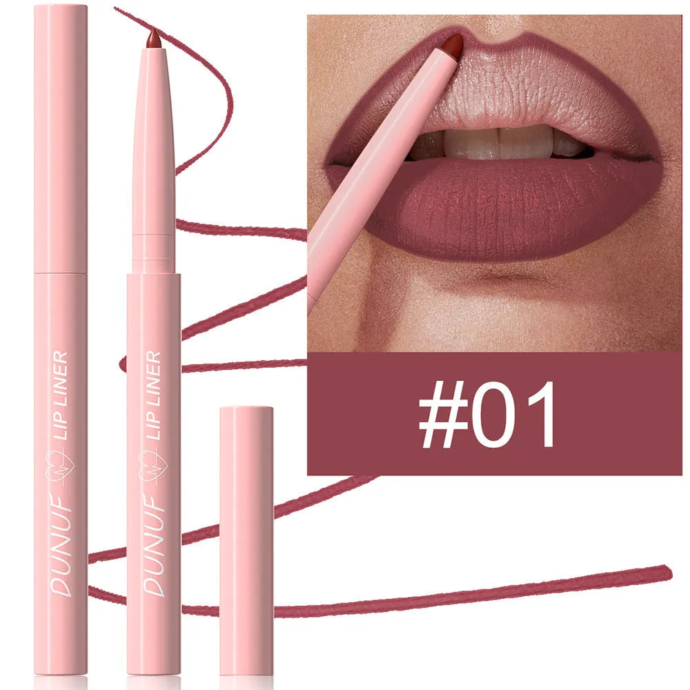 Velvet matte lip liner pencil in one of 12 available shades on a white background.