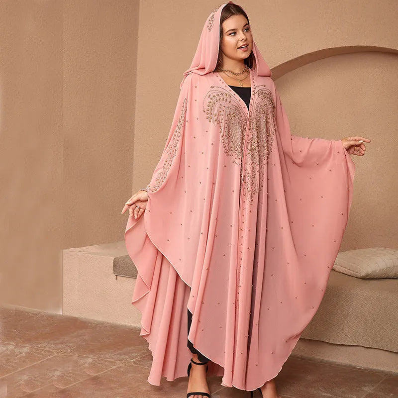 Purple chiffon cape shawl with rhinestone beading, shown draped, for women's modest wear