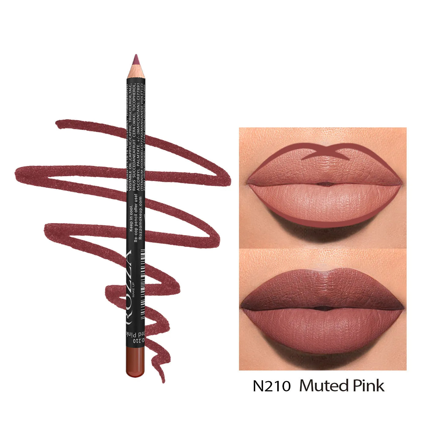 Matte lip liner in wood finish showing rich colour payoff with 14 shade options from 201 to 214
