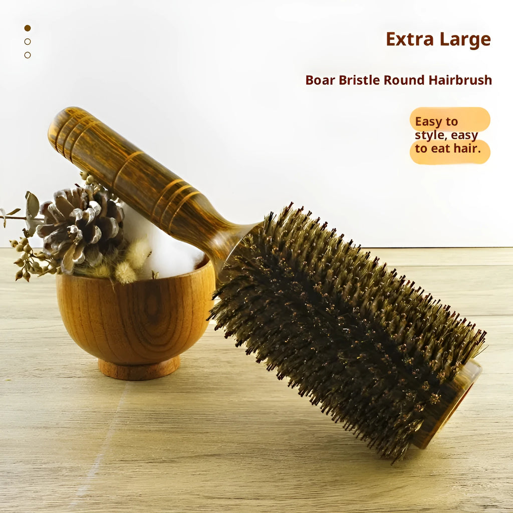 Ladies boar bristle round styling brush in extra large size with wood handle