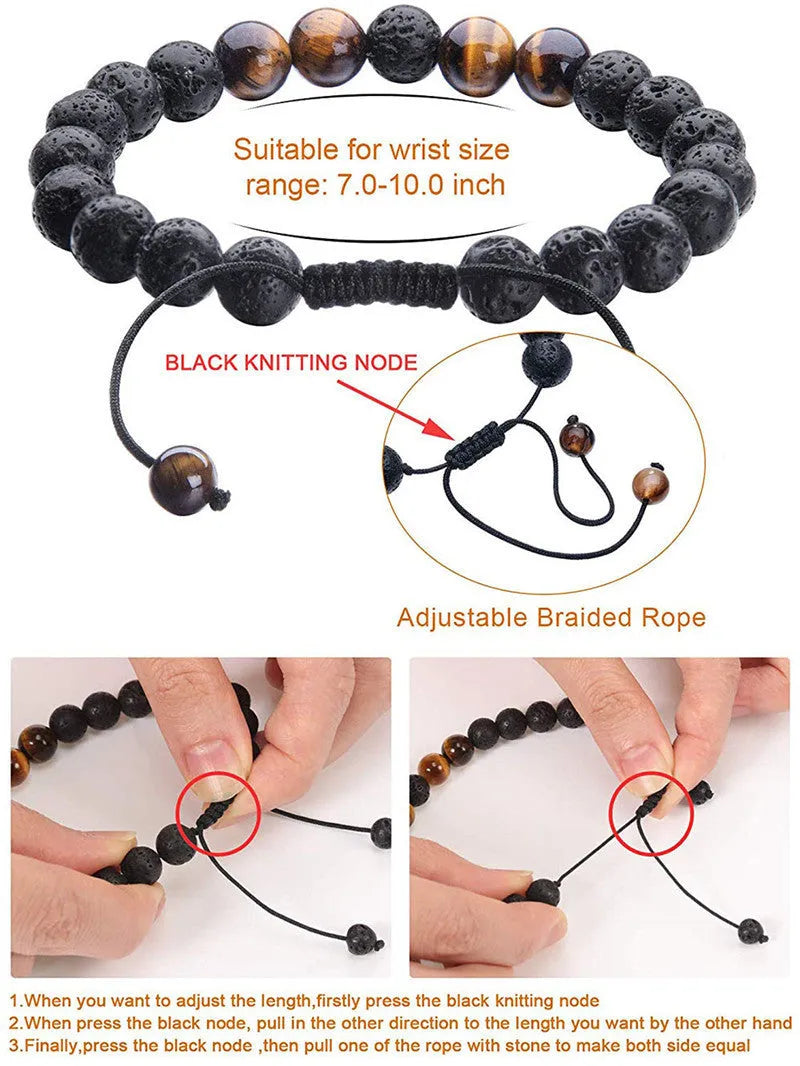Pair of matte black agate bead bracelets with geometric design for couples.