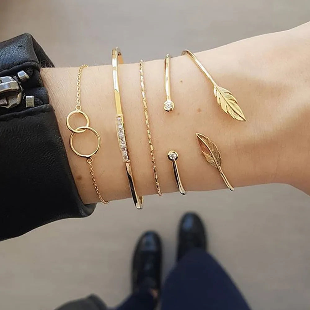 5 piece leaf circle geometric bangle set in gold and silver for women