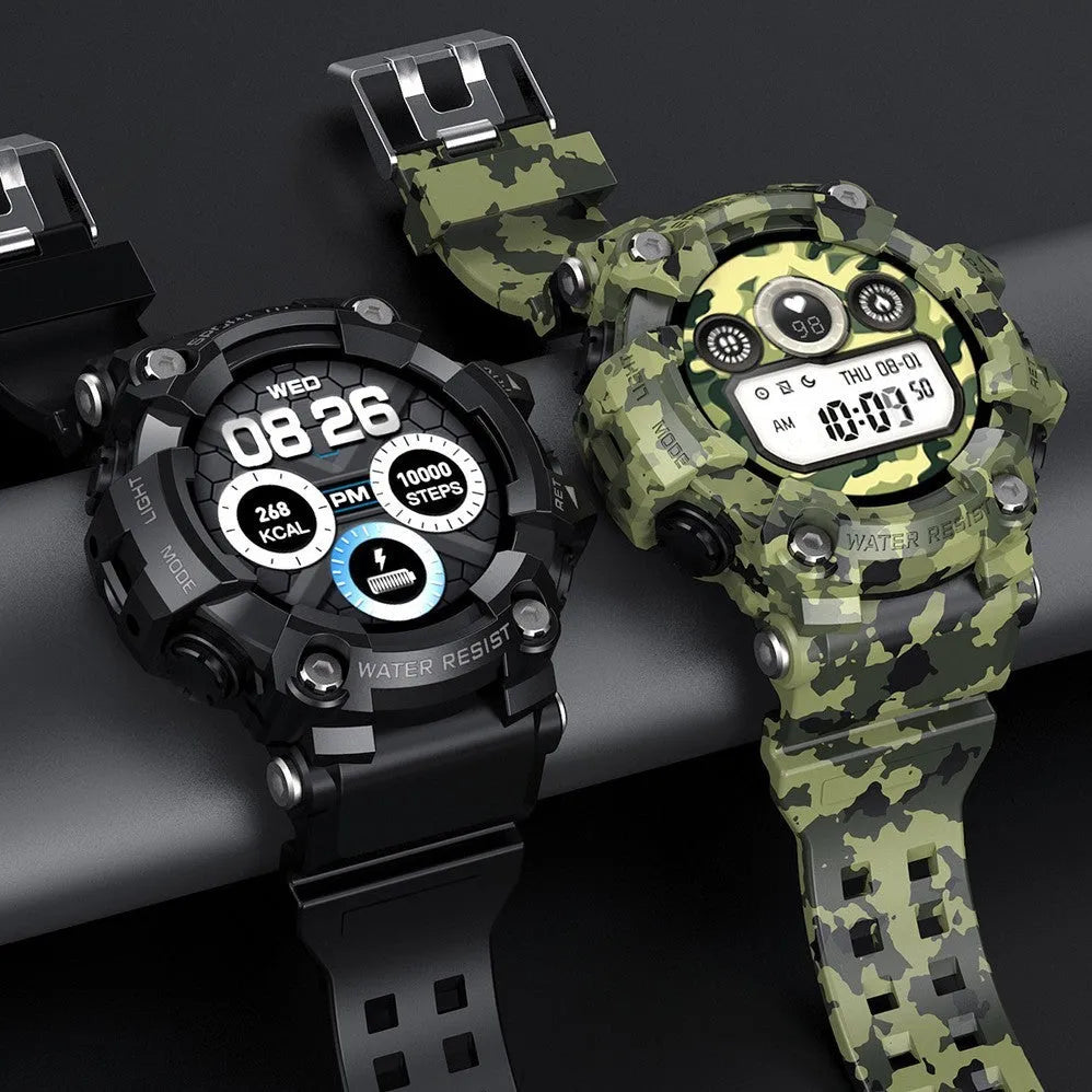 Black or green T6 tactical rugged smart watch on wrist with 1.3-inch screen and alloy case.