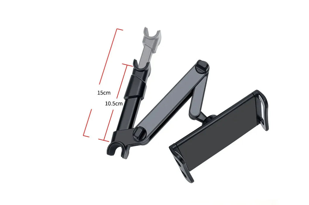 Black car phone holder mounted on vehicle rear seat for universal phone and tablet compatibility