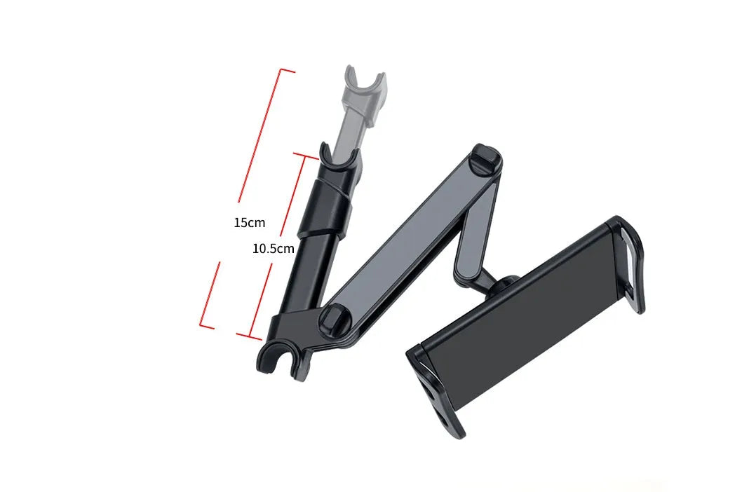 Black car phone holder mounted on vehicle rear seat for universal phone and tablet compatibility