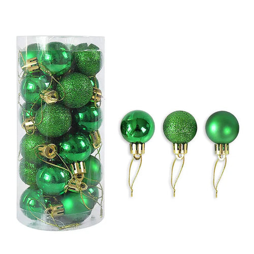 Assorted 3cm diameter electroplated plastic Christmas balls stored in a tall plastic barrel