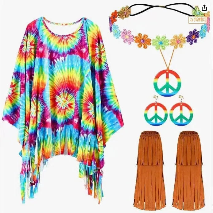 Colourful tie dye printed sleeveless cloak costume for Halloween, shown in rainbow colours.