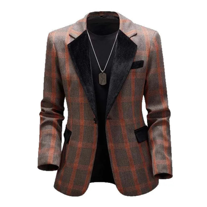 Slim fit light business suit jacket for men in blue, brown, and black, polyester viscose blend, straight version