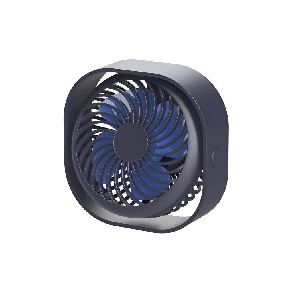 USB desk fan with alarm clock style in blue colour, showing 360-degree rotation feature.