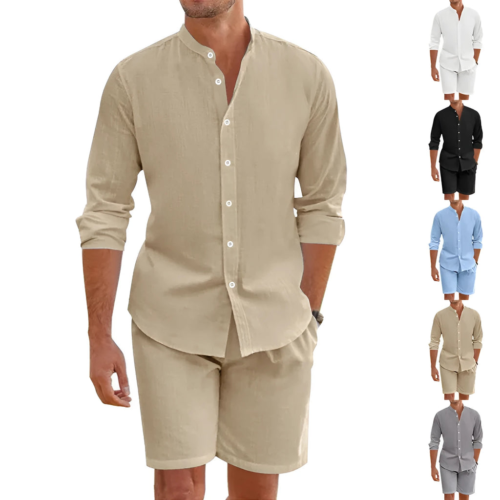 Men's light blue linen-blend short sleeve shirt and drawstring shorts summer suit set.