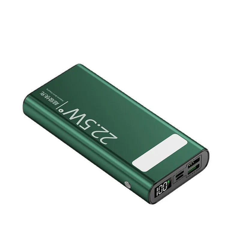Black alloy power bank showing LCD display and USB ports, dimensions 140x66.5x27.5mm