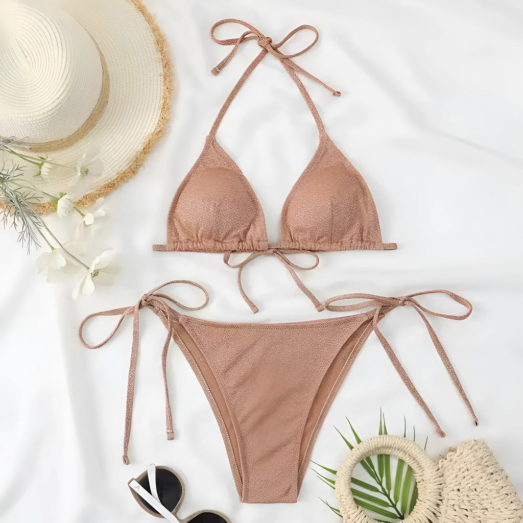 Women's split bandage bikini swimsuit in polyester fabric showing six colour options