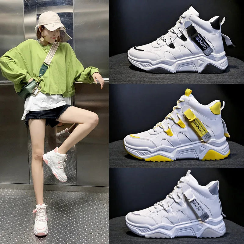 Women's high top white sneakers with PU upper, rubber sole, lace-up fastening on a plain background