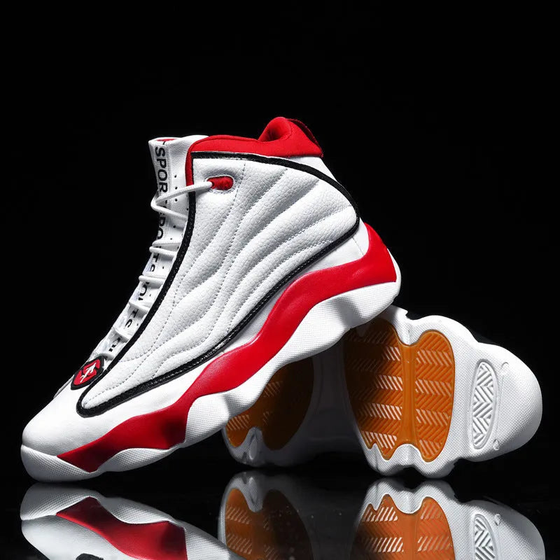 Men's high-top mesh basketball shoes in AJ13 white red colour with thick rubber sole.