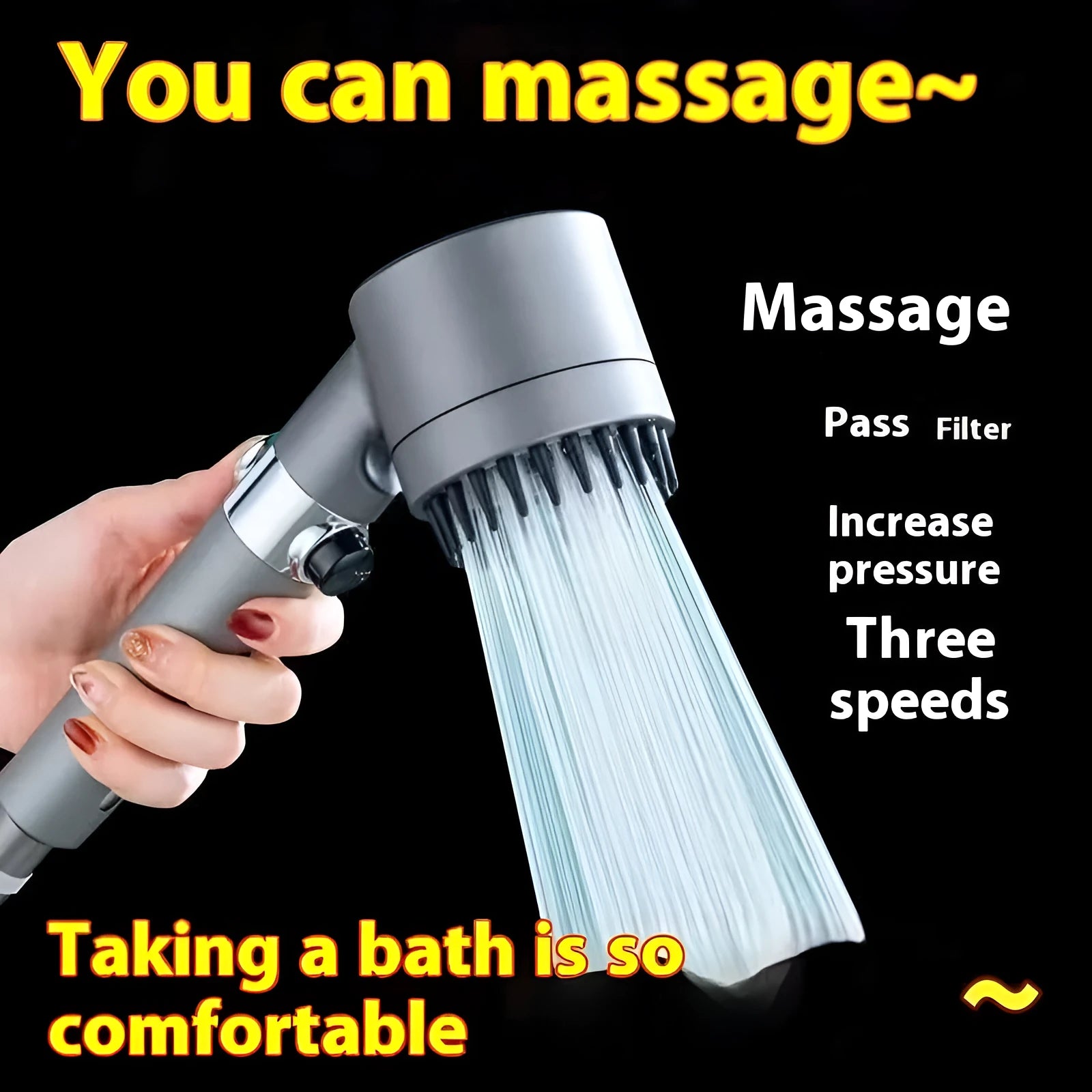 Portable white shower head with three water mode settings showing spray patterns
