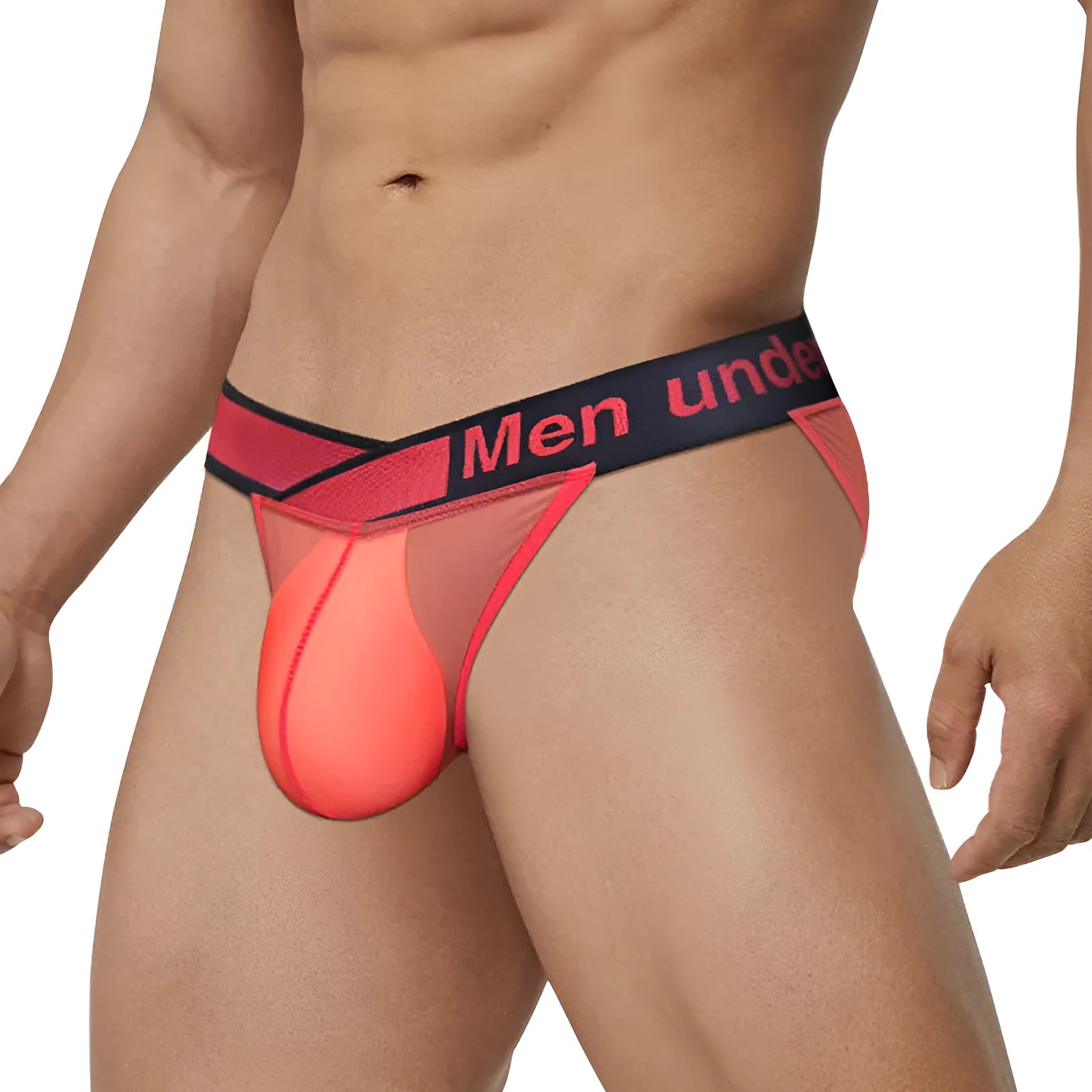 Men's transparent ice silk briefs with large V gradient high fork design in red, black and white colours