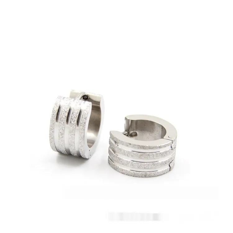 Korean style geometric pattern frosted titanium steel earrings in black, gold, and steel colour options