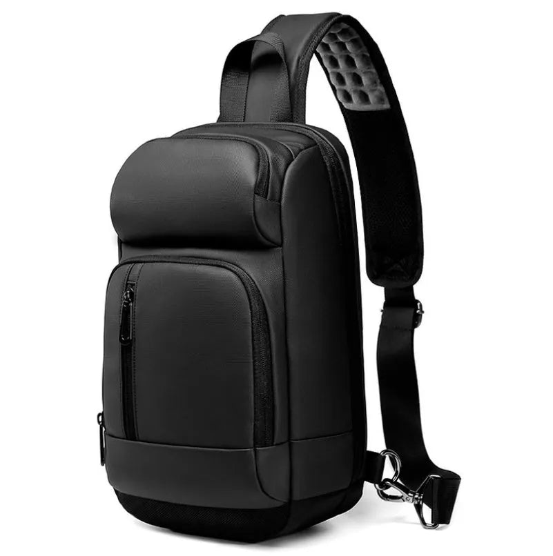 Black outdoor shoulder bag showing internal computer pocket and air cushion shoulder strap