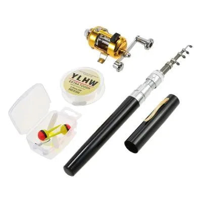 Portable telescopic pen fishing rod kit in aluminium case with ST5RL reel, extended to 1 metre.