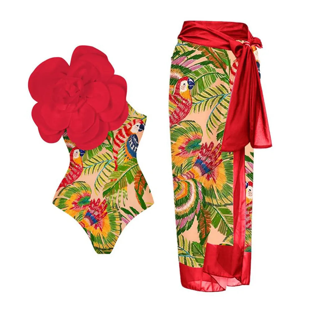 One-piece floral swimsuit on a hanger with optional matching skirt, showing European and American fit.