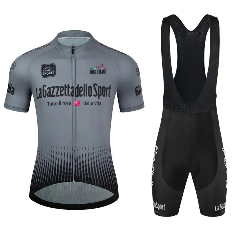 Unisex short sleeve cycling suit in row pattern design, made from quick-dry polyester fabric.