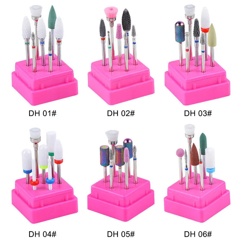 Tungsten steel nail art drill bit set with six bits, one brush, in a clear case.