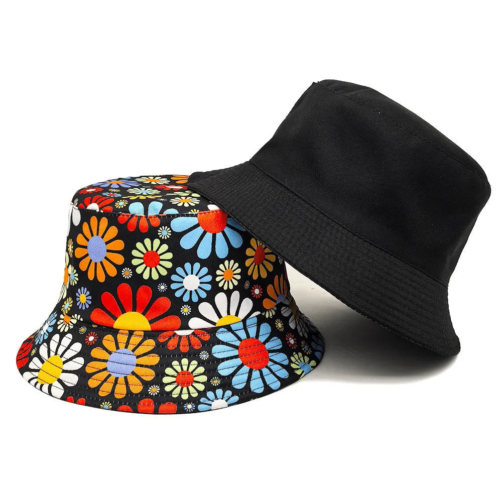 Floral print polyester bucket hat with dome crown in medium size 56-58cm