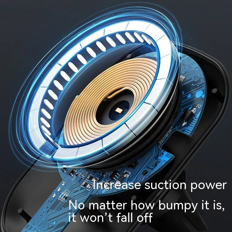 Black magnetic car wireless charger mounted on vehicle air vent with smartphone attached