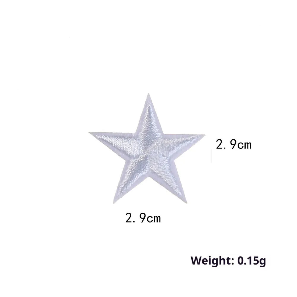 Colourful embroidered five-pointed star designs on cloth sticker labels for DIY clothing customisation.