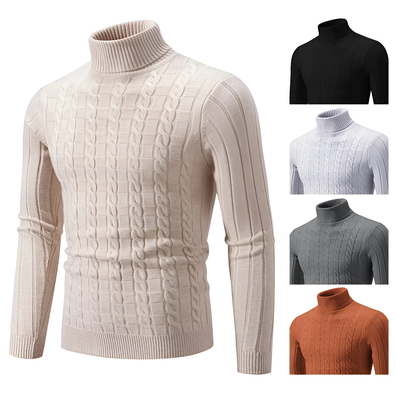 Men's slim fit chenille turtleneck pullover sweater in neutral colour on mannequin