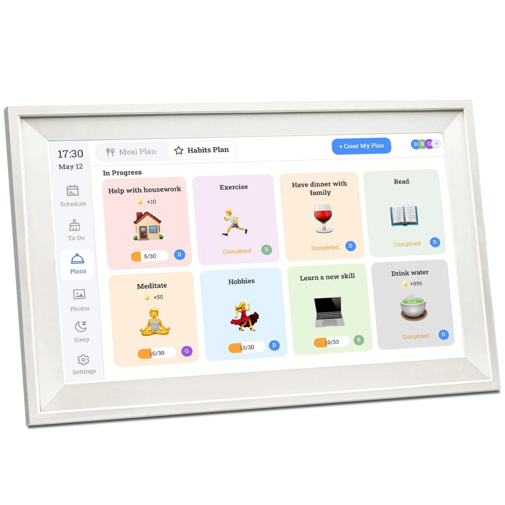 White 15.6 inch smart digital photo frame with Full HD screen on tabletop with mobile app connection