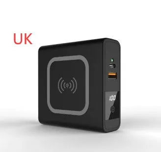 Black or white 10000mAh power bank with wireless charging and four international plug adapters