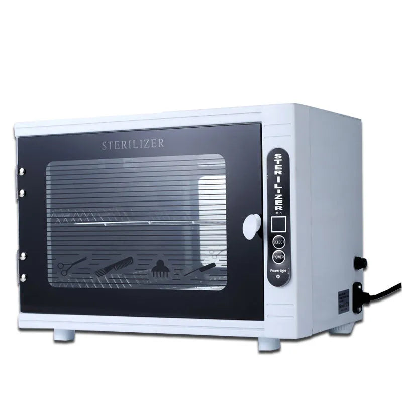 Small silver UV steriliser unit with stainless steel chamber for salon tool disinfection
