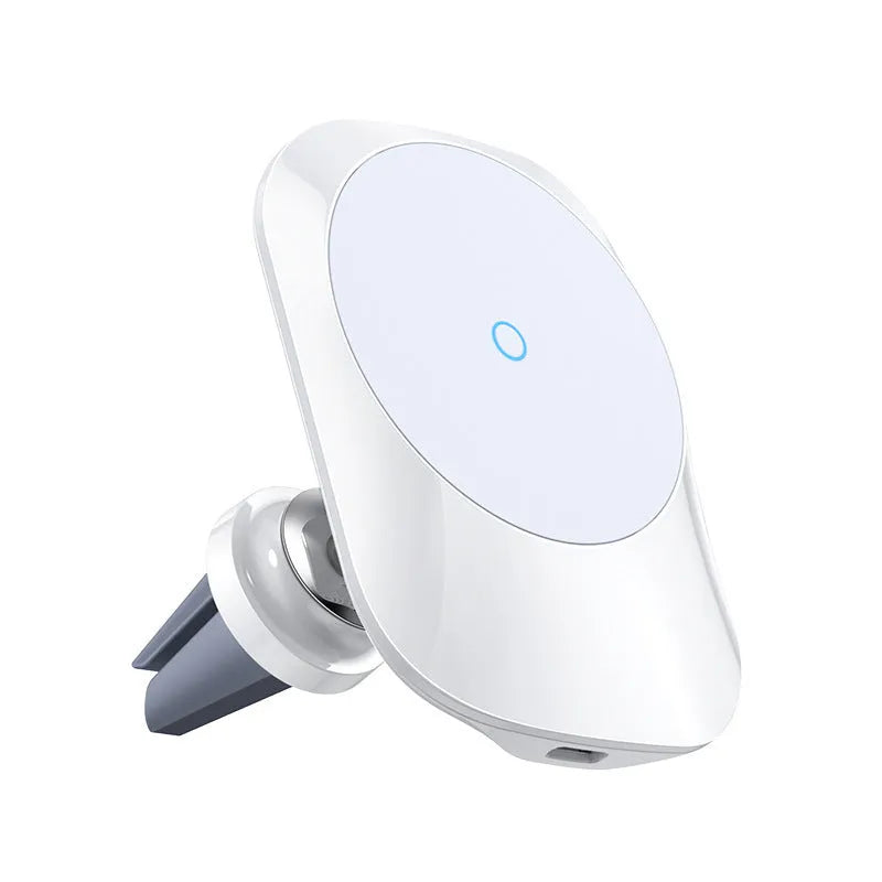 Black magnetic car wireless charger mounted on vehicle air vent with smartphone attached