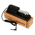 Black single leg sustain pedal for electronic keyboards on a flat surface.
