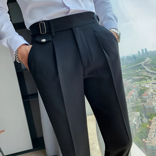 Straight-leg casual trousers in solid colour on hanger showing waistband and leg detail