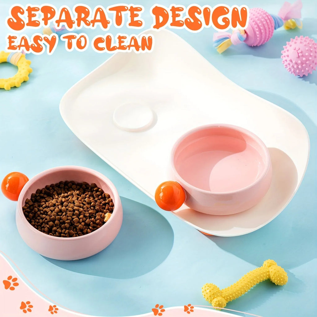 Ceramic double-raised cat bowl set in pink, yellow, or pink yellow with non-slip base